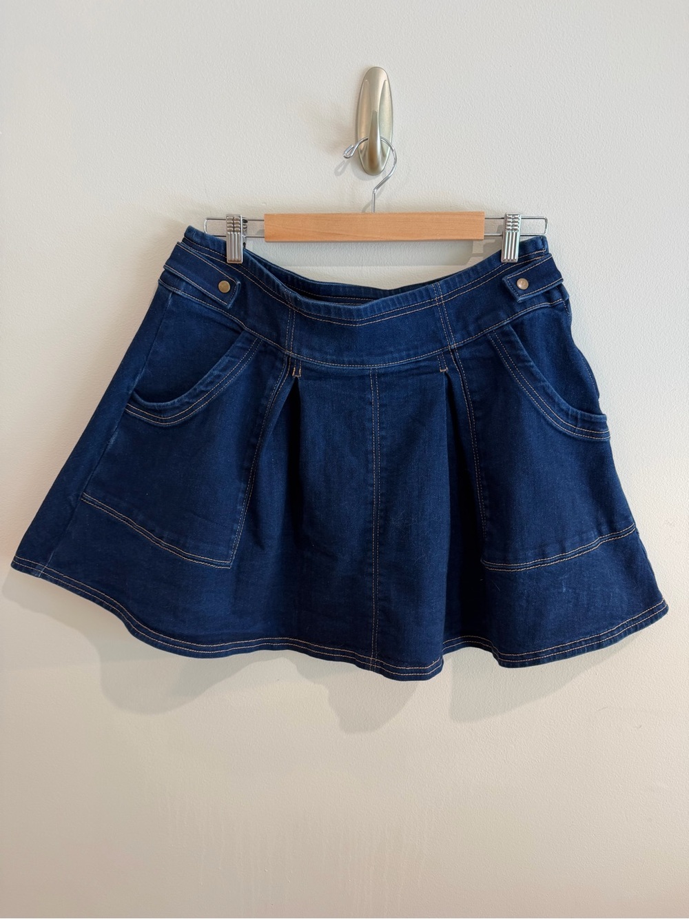 Anthropologie Dark Blue Denim Pleated Mini Skirt